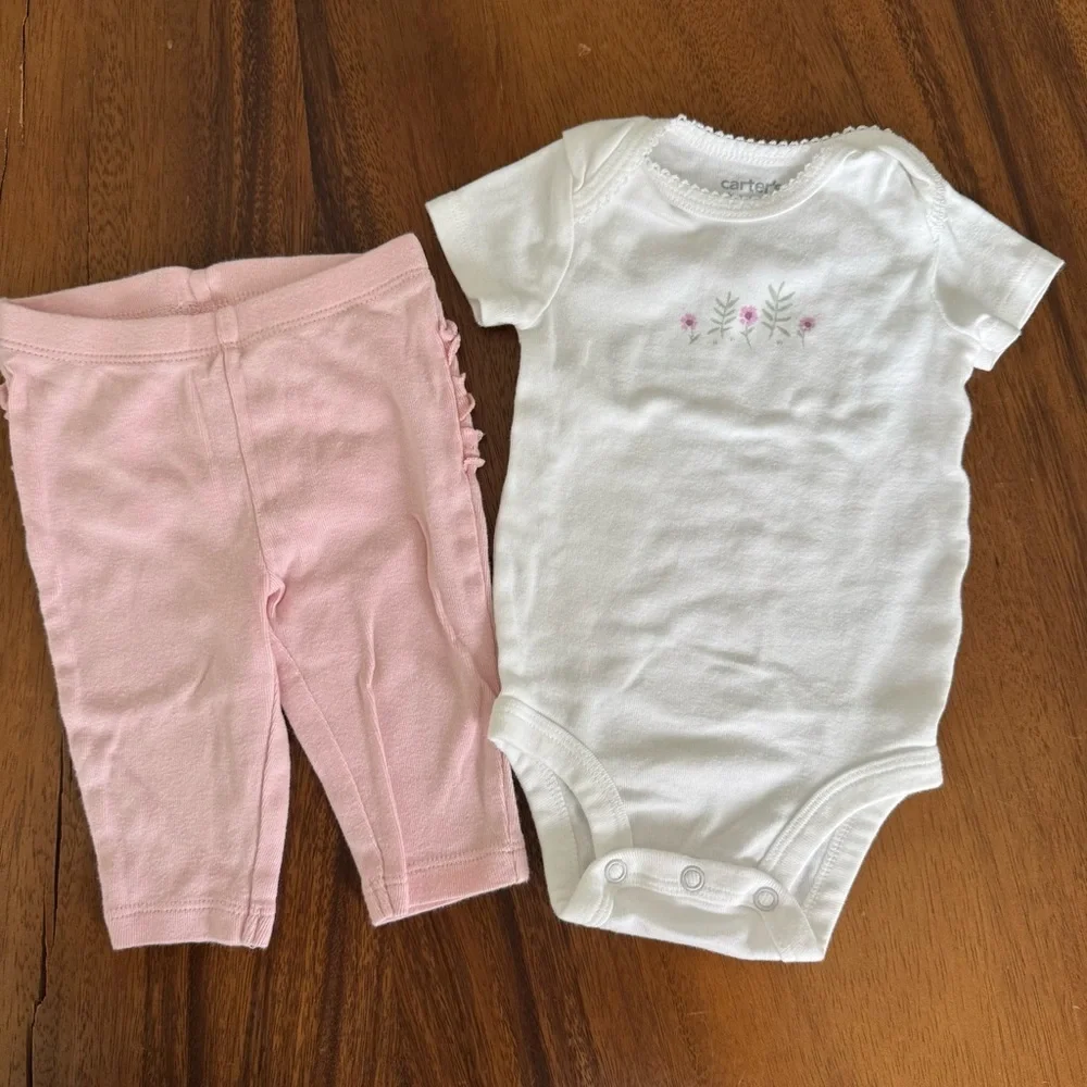 Carter's White and Pink Baby Girl Bodysuit and Matching Pant Set Size 3M